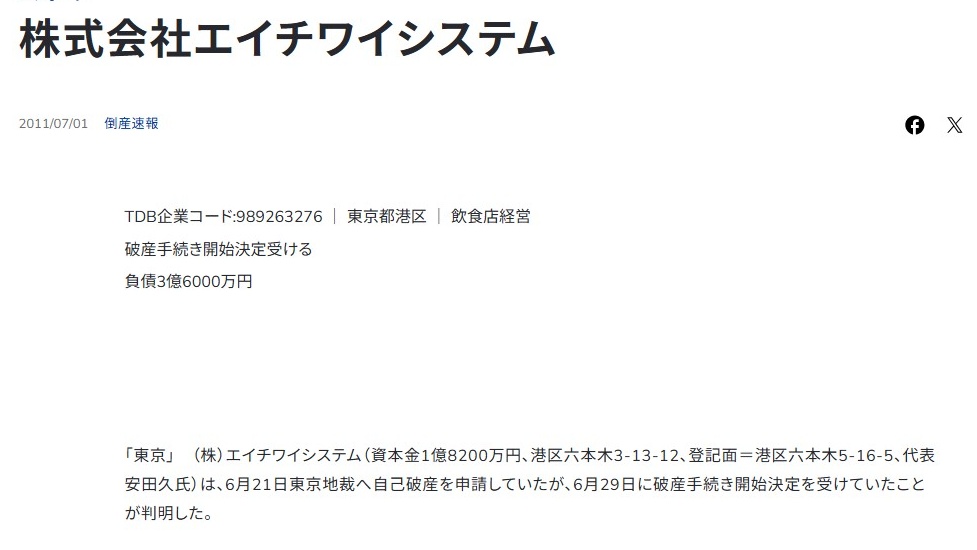 安田久の会社が破産